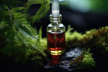 Wall Mural - A bottle of essential oil sitting on a mossy surface. Perfect for aromatherapy and natural wellness. Use this image to promote relaxation, self-care, and the benefits of essential oils