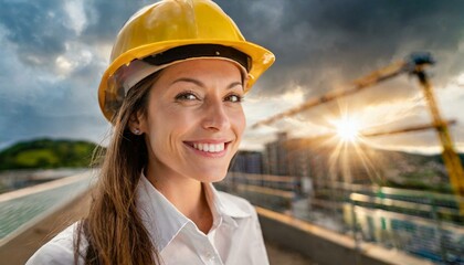 Smiling and professional female construction worker with construction job site in the background during cloudy day