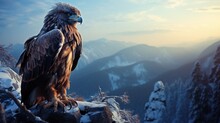 A Large Bird Perched On A Rock In The Mountains. Suitable For Nature And Wildlife Themes