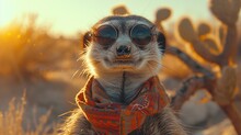 A Fashion-forward Meerkat Captured In A Playful Pose With Desert-inspired Accessories Wearing Glasses With Blurred Background.