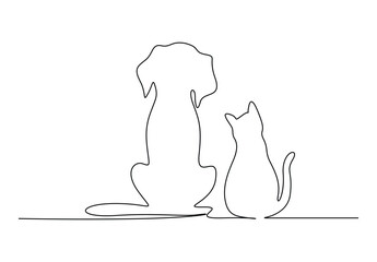 Wall Mural - Continuous single line drawing of cat and dog logo symbol. Isolated on white background vector illustration. Free vector