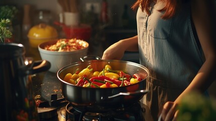 Wall Mural - A woman is seen cooking vegetables on a stove top. This image can be used to showcase cooking, healthy eating, and home cooking concepts