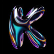 3D holographic letter K with glossy reflective surface, rendered in smooth transparent glass with highlights. Y2K style balloon bubble shape for retro futuristic design. Isolated vector illustration