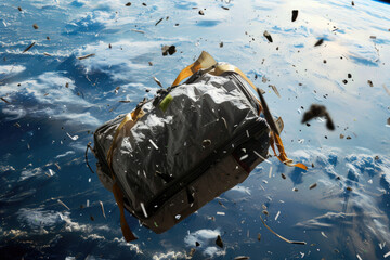 Wall Mural - Forgotten astronaut bag with tools and debris flying in space over the Earth
