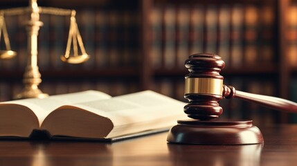 Sticker - A wooden gavel sits on top of a table next to an open book. This image can be used to represent concepts related to law, justice, education, or decision-making