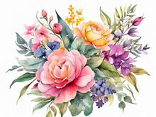 Watercolor Multi Colored Flowers,  Watercolor Painting, Beautiful, Isolated White Background
