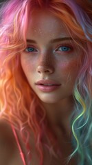 Wall Mural - A rainbow colored girl hair, realistic fantasy artwork, richly layered, matte photo, hand-painted details, colorful