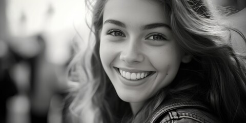 Canvas Print - A woman with long hair smiling directly at the camera. Can be used for various projects