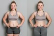 Real professional studio photo of lovely woman in her 30 before and after diet and weight loss