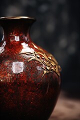 Wall Mural - A stunning red and gold vase placed on a wooden table. Perfect for home decor or floral arrangements