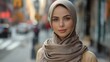 A captivating muslim female model wearing hijab. With an air of confidence. street background
