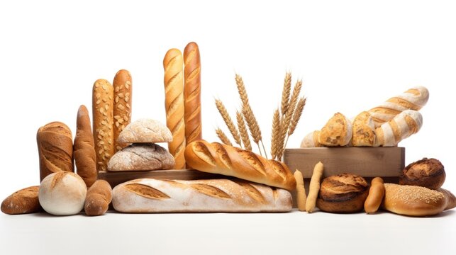 A selection of different types of breads and rolls displayed on a table. Perfect for food-related projects or bakery advertisements