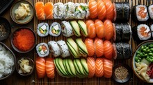 Assorted Sushi Platter With Salmon Tuna Avocado And White Rice, Traditional Japanese Gourmet Asian Sea Food Cuisine, Overhead Shot