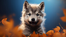 A Young Beautiful Wolf Cub With Gray Fur And Light Eyes, A Predator, On A Bright Background,
Close-up Portrait