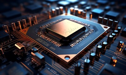 Computing processor, CPU, microchip and electronic circuit board. Advanced technology conceptual background. Generative Ai