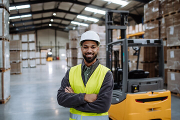 Sticker - Portrait of warehouse worker standing by forklift. Warehouse worker preparing products for shipmennt, delivery, checking stock in warehouse. Banner with copy space.