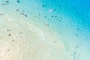 Wall Mural - aerial view on beach and people. vacation and adventure. europe, mediterranean sea. top view from dr