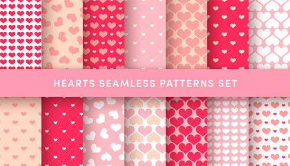 Fototapete - Cute love hearts seamless patterns set. Vector pink, red and white heart print. Valentines Day backdrop textures for decoration, design, background, wallpaper.