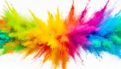 Colorful rainbow holi paint color powder explosion isolated on white wide panorama background