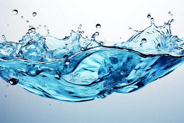 Blue clean water splash with reflection on water surface on white background. Amount Water attack impact and fluttering in air explosion. Splash Water for texture elements. Background Abstract Texture