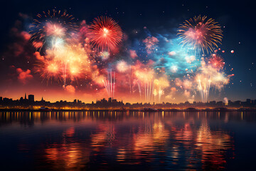 Light fireworks Riverside in new year night celebration party at city festival hotel Beautiful colors. Abstract colored firework background with free space for text. Realistic clipart template pattern