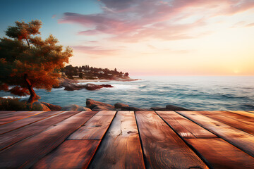 Empty dark brown wooden floor or table with evening orange sunlight. Sea blue and mountain, rocks, Cloudy sky with bright sunlight evening is blur background. Summer.	