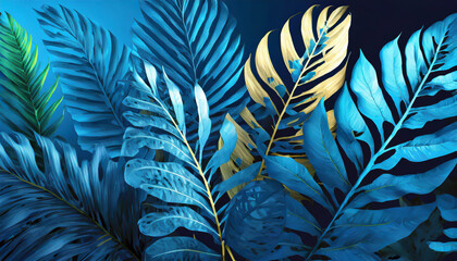  Collection of tropical leaves, foliage plant in blue color with space background