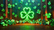 Glowing neon saint Patricks day shamrock background. 3D rendering