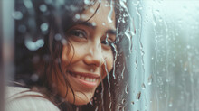 A Woman Stands By A Window, Rain Pouring Down As She Gazes Outside.