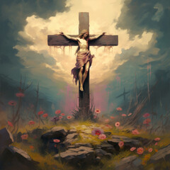 Wall Mural - A jesus cross that with of colorful flowers with blue sky and clouds. Postcard	