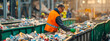 Focused worker in a reflective vest sorting recyclable materials on a conveyor belt in a waste management facility.

