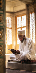 Poster - A Muslim Man in Prayer, Reading the Quran, Fictional character created by Generative AI.