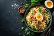 trendy carbonara ramen pasta on dark background with copy space for text