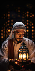 Poster - Arab Man in Bedroom Praying next to a Light, Fictional character created by Generative AI.