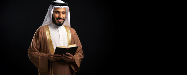 Sticker - Muslim man wearing a gold-colored robe, or kanzu, reads the Quran. Fictional character created by Generative AI.