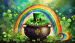 Pot of Gold with Rainbow, green Hat, Shamrocks and curled Ribbon - Happy St Patricks Day