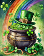 Pot of Gold with Rainbow, green Hat, Shamrocks and curled Ribbon - Happy St Patricks Day