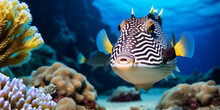 Picasso's Spiny Triggerfish (Lat. Rhinecanthus Aculeatus) With Bright Eyes And A Beautiful Muzzle Against The Background Of The Seabed. Marine Life, Exotic Fish, Subtropics