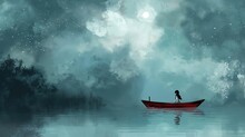 Grungy Noise Texture Art, A Girl On Row Boat In Lake With Misty Fog Drifting Around , Whimsical Fantasy Fairytale Contemporary Creative Illustration, Generative Ai