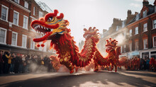 Dragon Dancing At Chinese New Year. Golden Dragon Parade. Vibrant Dragon Dance Performance During Chinese New Year Celebration. Cultural Tradition