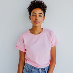 Wall Mural - Pink T-shirt Mockup, Black Woman, Girl, Female, Model, Wearing a Pink Tee Shirt and Blue Jeans, Blank Shirt Template, White Background, Close-up View