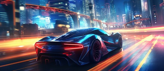 Wall Mural - Futuristic luxury modern high speed sport car driving in city at night with neon light. AI generated