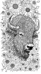 Wall Mural - A bull surrounded by flowers and sunflowers