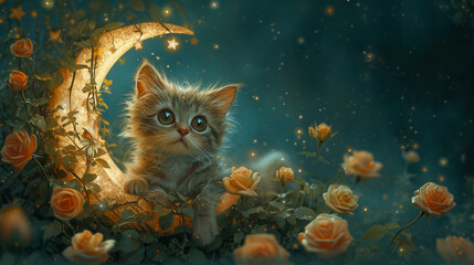 A kitten sitting on a crescent in a field of roses