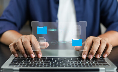 Fototapete - Document management system concept (DMS), Businessman working laptop virtual screen icons folder and document management system, Software for archiving, Searching and managing files corporate document
