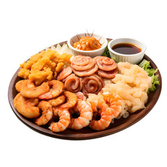 Deep-fried battered prawns with vegetables and dipping sauce on png background.