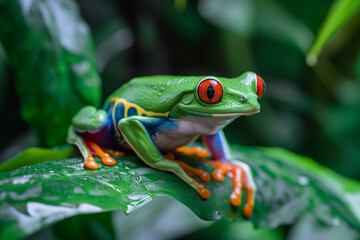 Wall Mural - Red-eyed tree frog sitting on a branch. Red Eyed Tree Frog, on a Leaf with Black Background. Gliding frog , animal closeup, Gliding frog sitting on moss, Indonesian tree frog.