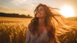 Beautiful carefree woman in fields being happy outdoors. Neural network AI generated art