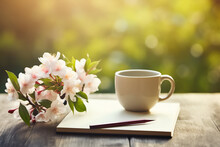 Coffee Cup And Spring Blossom Sakura On Wooden Table