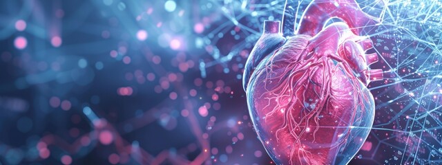 Rendering 3D heart cardiology with medical infographic biometrics diagnosis. AI generated